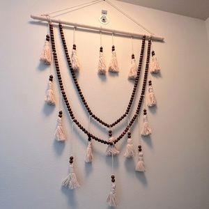 Organic cotton tassels and coffee wood beads combine, bohemian wall hanging.